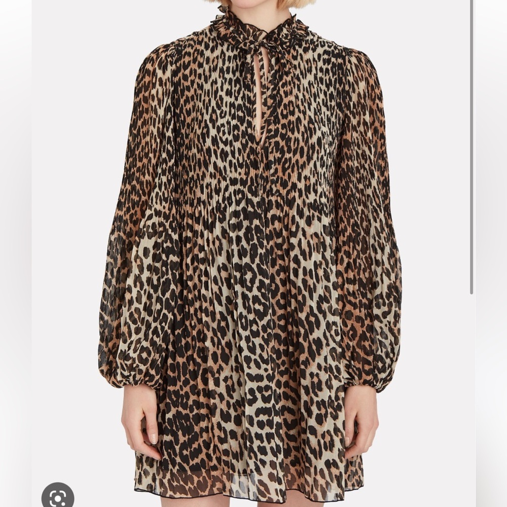 Ganni Pleated Georgette Leopard Mini Dress